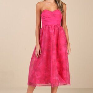 Lulus Splendidly Yours Pink Floral Organza Mesh Strapless Midi Dress - Size XS